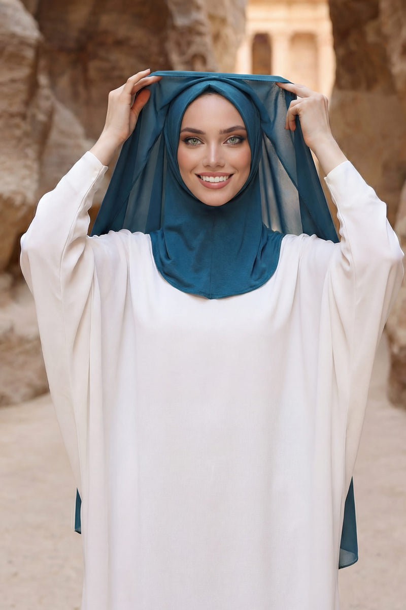 Instant Chiffon Shawl Headscarf for Women with Cotton Bonnet Chiffon Turban Cap, Ready-to-Wear Soft Chiffon Shawl Instant Hijab Wrap,PS-46 Petrol Blue