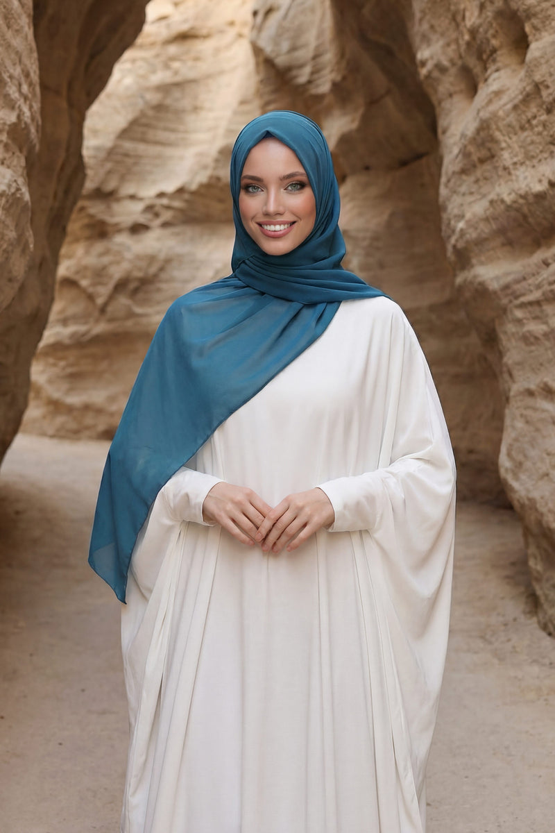 Instant Chiffon Shawl Headscarf for Women with Cotton Bonnet Chiffon Turban Cap, Ready-to-Wear Soft Chiffon Shawl Instant Hijab Wrap,PS-46 Petrol Blue