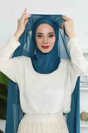 Instant Chiffon Shawl Headscarf for Women with Cotton Bonnet Chiffon Turban Cap, Ready-to-Wear Soft Chiffon Shawl Instant Hijab Wrap,PS-46 Petrol Blue