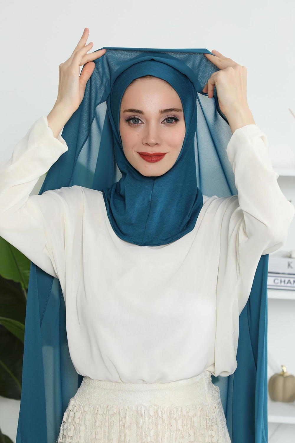 Instant Chiffon Shawl Headscarf for Women with Cotton Bonnet Chiffon Turban Cap, Ready-to-Wear Soft Chiffon Shawl Instant Hijab Wrap,PS-46 Petrol Blue