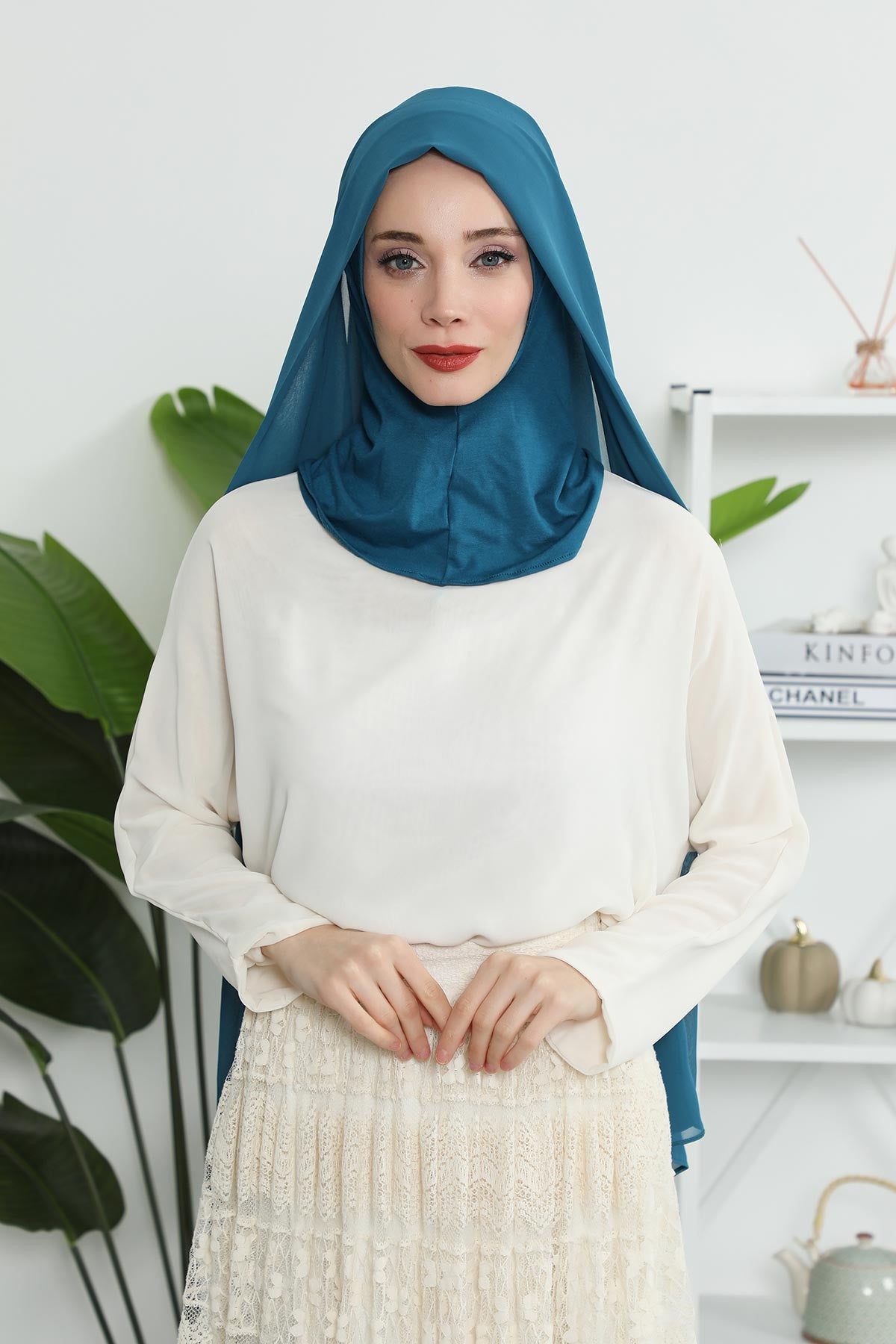 Instant Chiffon Shawl Headscarf for Women with Cotton Bonnet Chiffon Turban Cap, Ready-to-Wear Soft Chiffon Shawl Instant Hijab Wrap,PS-46 Petrol Blue