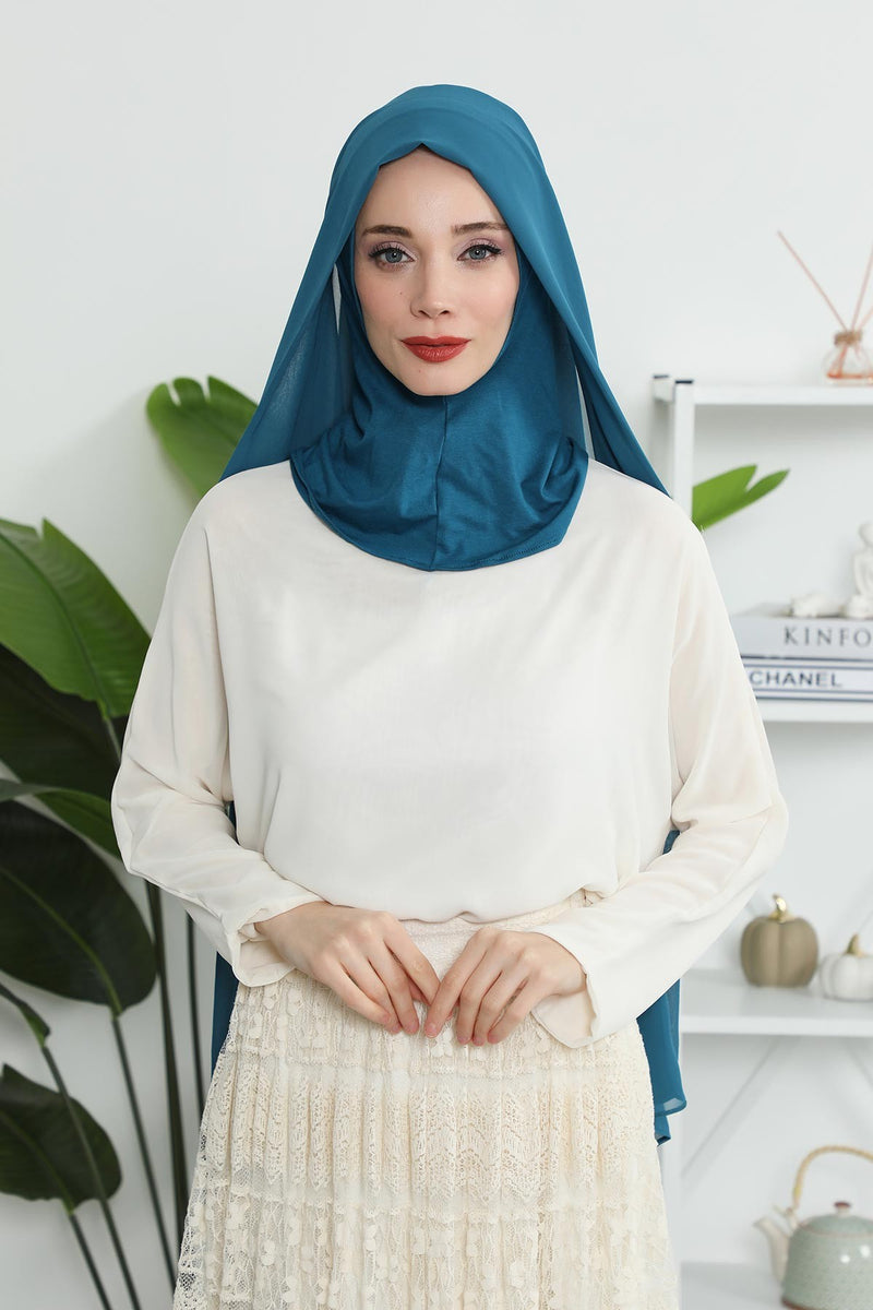 Instant Chiffon Shawl Headscarf for Women with Cotton Bonnet Chiffon Turban Cap, Ready-to-Wear Soft Chiffon Shawl Instant Hijab Wrap,PS-46 Petrol Blue