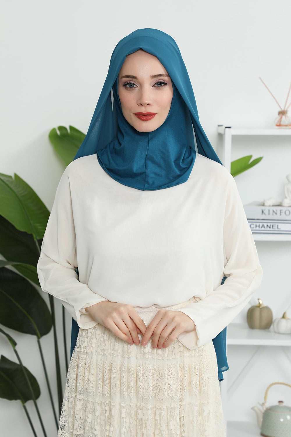 Instant Chiffon Shawl Headscarf for Women with Cotton Bonnet Chiffon Turban Cap, Ready-to-Wear Soft Chiffon Shawl Instant Hijab Wrap,PS-46 Petrol Blue
