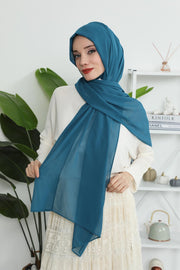 Instant Chiffon Shawl Headscarf for Women with Cotton Bonnet Chiffon Turban Cap, Ready-to-Wear Soft Chiffon Shawl Instant Hijab Wrap,PS-46 Petrol Blue