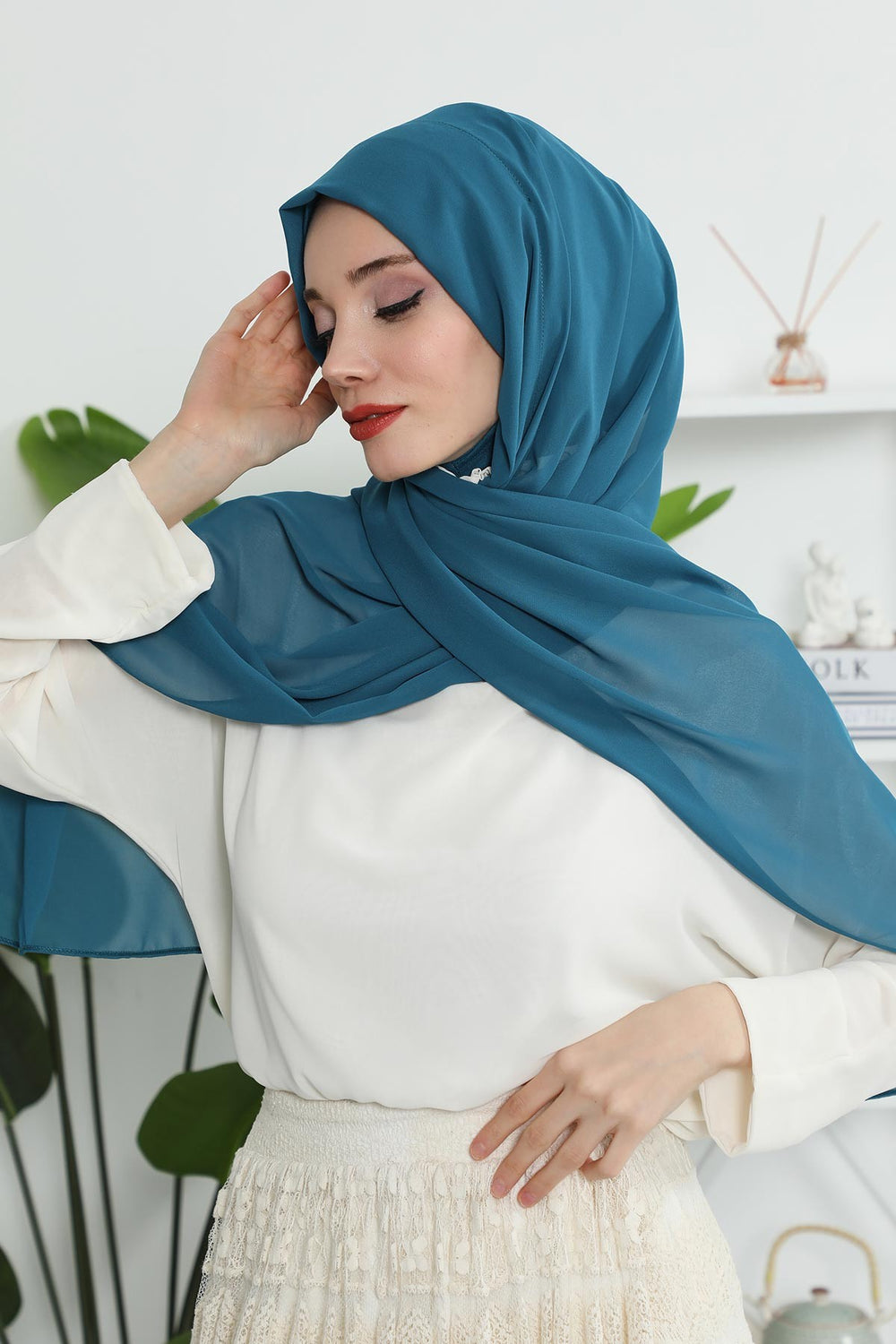 Instant Chiffon Shawl Headscarf for Women with Cotton Bonnet Chiffon Turban Cap, Ready-to-Wear Soft Chiffon Shawl Instant Hijab Wrap,PS-46 Petrol Blue