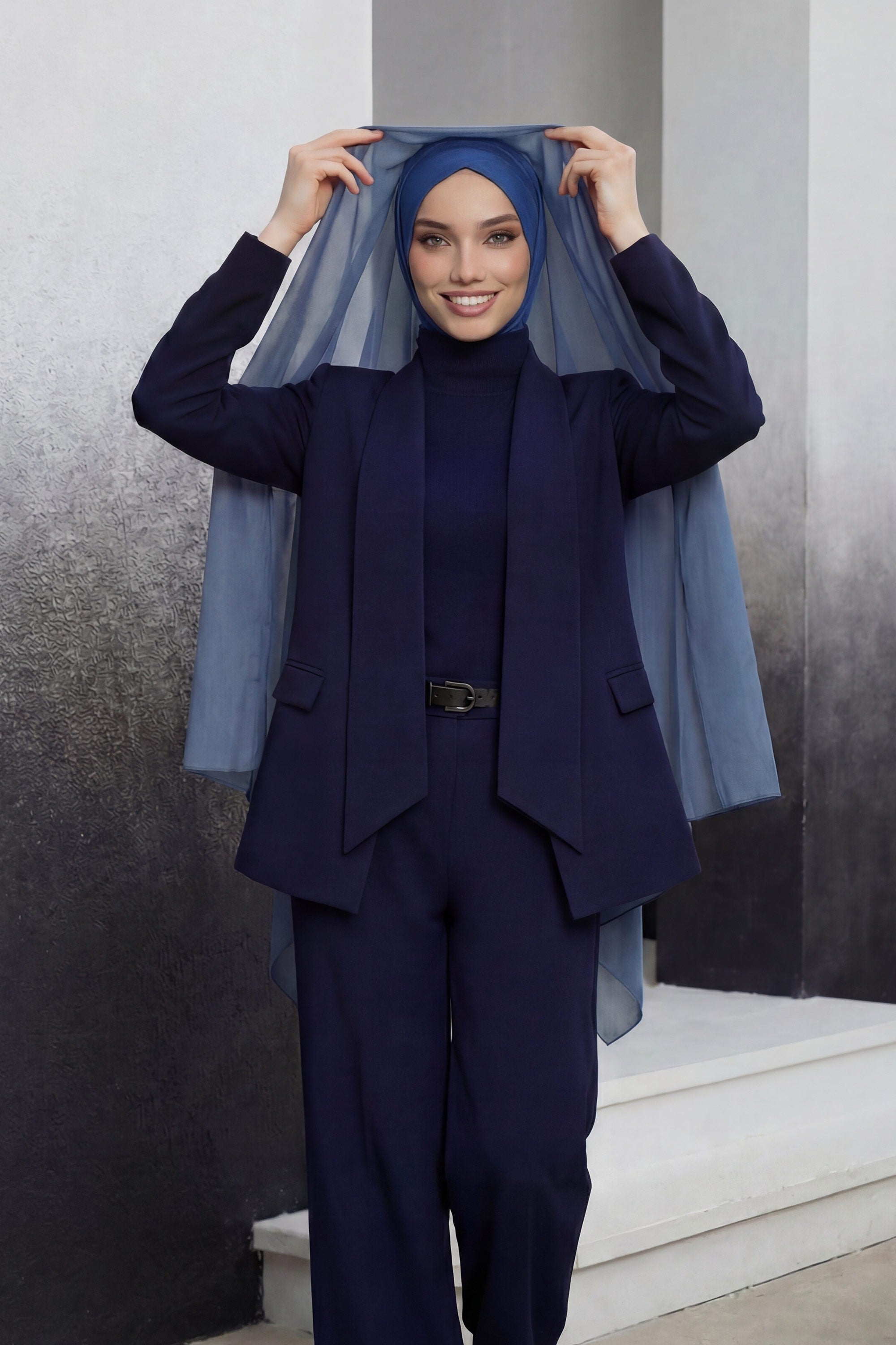 Instant Chiffon Shawl Headscarf for Women with Cotton Bonnet Chiffon Turban Cap, Ready-to-Wear Soft Chiffon Shawl Instant Hijab Wrap,PS-46 İndigo