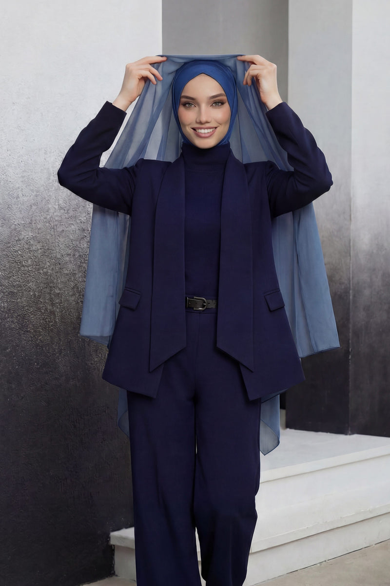 Instant Chiffon Shawl Headscarf for Women with Cotton Bonnet Chiffon Turban Cap, Ready-to-Wear Soft Chiffon Shawl Instant Hijab Wrap,PS-46 İndigo