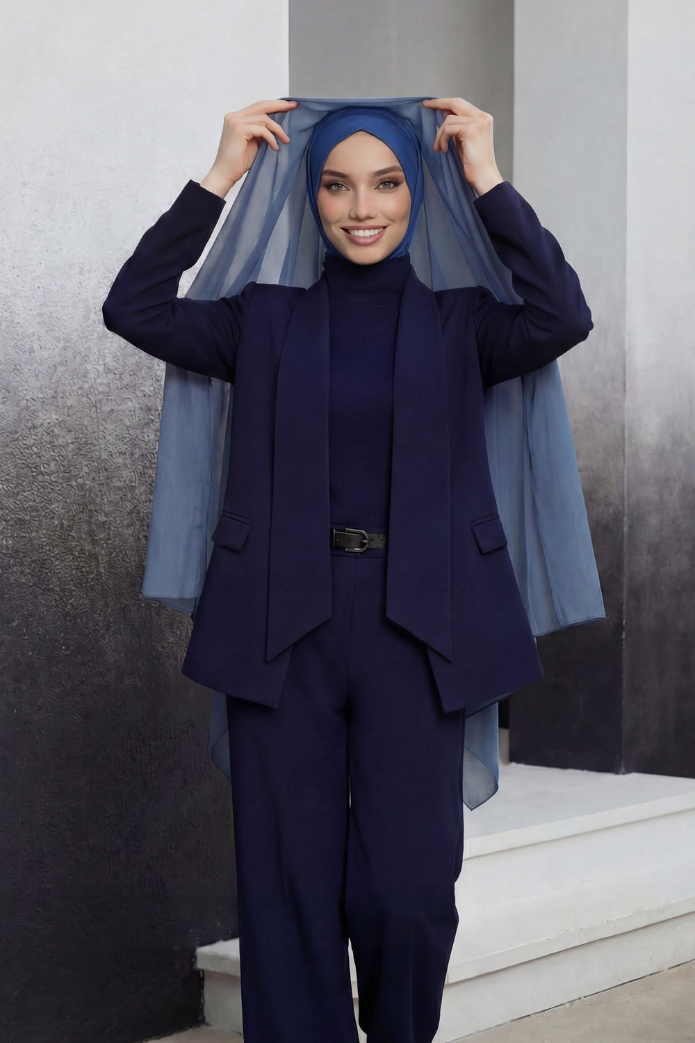 Instant Chiffon Shawl Headscarf for Women with Cotton Bonnet Chiffon Turban Cap, Ready-to-Wear Soft Chiffon Shawl Instant Hijab Wrap,PS-46 İndigo