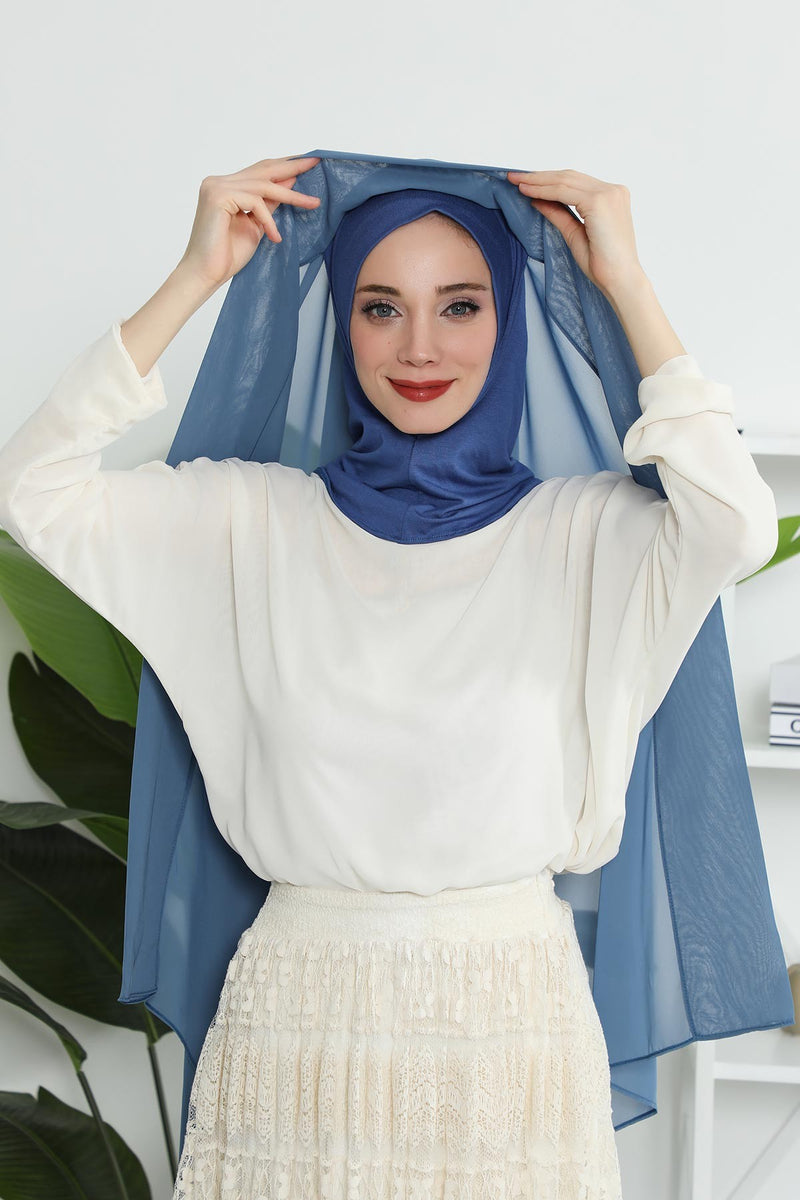 Instant Chiffon Shawl Headscarf for Women with Cotton Bonnet Chiffon Turban Cap, Ready-to-Wear Soft Chiffon Shawl Instant Hijab Wrap,PS-46 İndigo