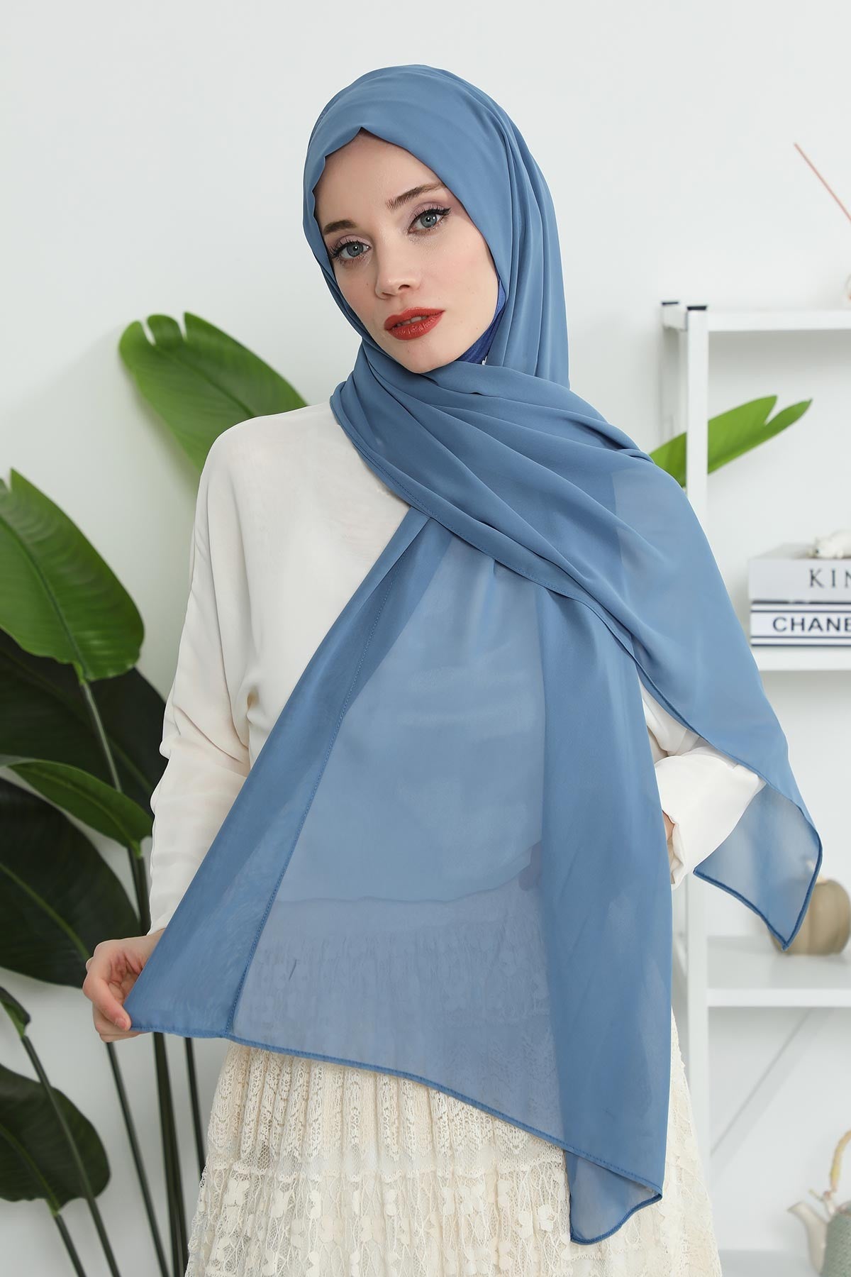 Instant Chiffon Shawl Headscarf for Women with Cotton Bonnet Chiffon Turban Cap, Ready-to-Wear Soft Chiffon Shawl Instant Hijab Wrap,PS-46 İndigo