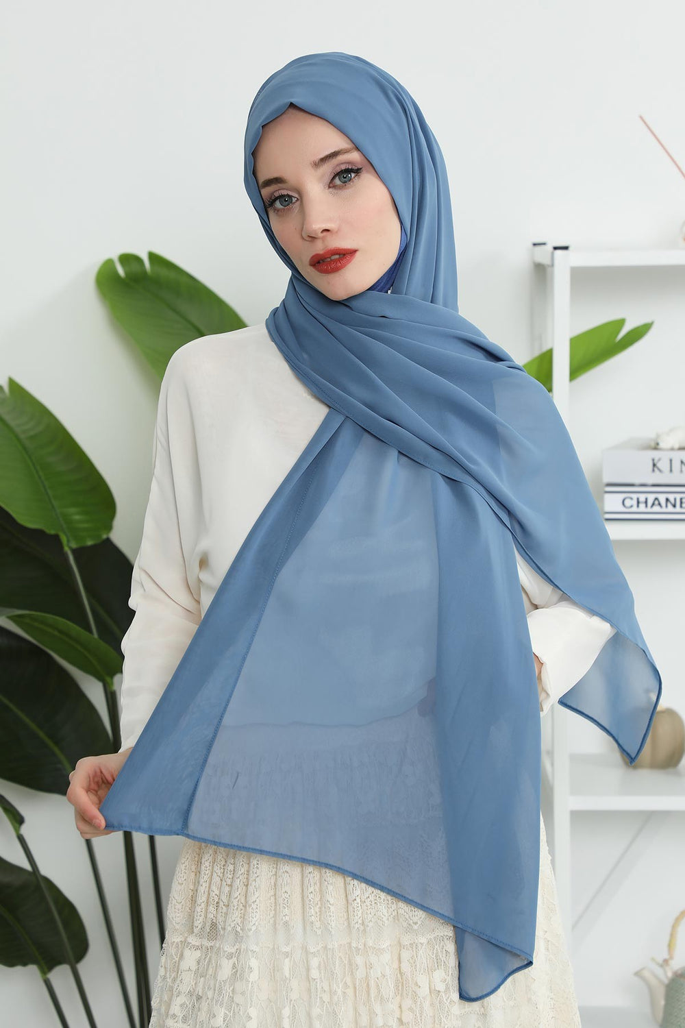Instant Chiffon Shawl Headscarf for Women with Cotton Bonnet Chiffon Turban Cap, Ready-to-Wear Soft Chiffon Shawl Instant Hijab Wrap,PS-46 İndigo