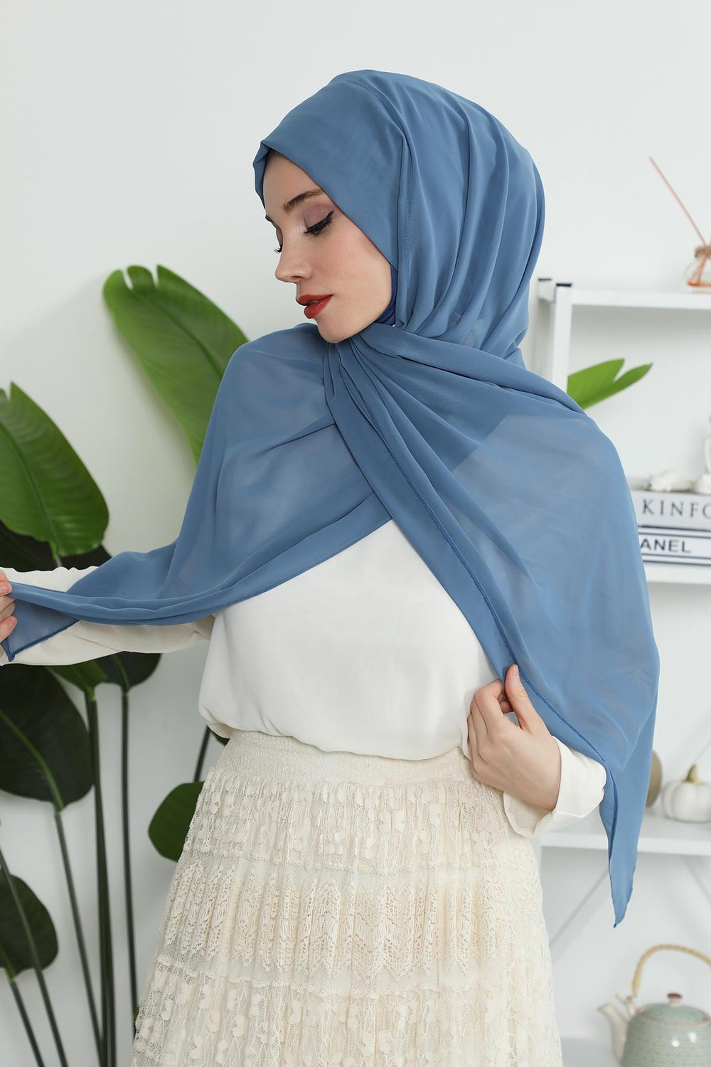 Instant Chiffon Shawl Headscarf for Women with Cotton Bonnet Chiffon Turban Cap, Ready-to-Wear Soft Chiffon Shawl Instant Hijab Wrap,PS-46 İndigo