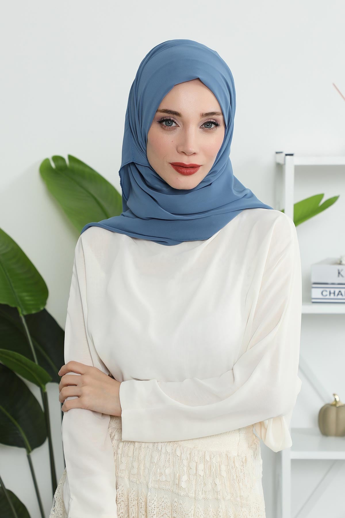 Instant Chiffon Shawl Headscarf for Women with Cotton Bonnet Chiffon Turban Cap, Ready-to-Wear Soft Chiffon Shawl Instant Hijab Wrap,PS-46 İndigo