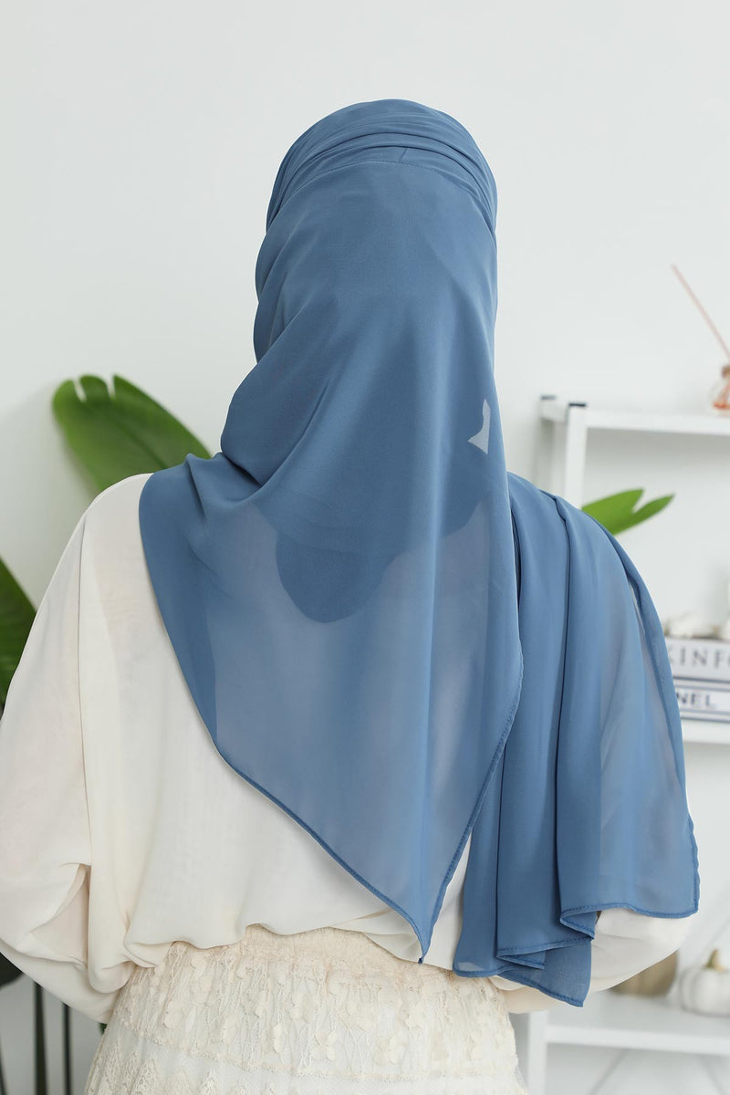 Instant Chiffon Shawl Headscarf for Women with Cotton Bonnet Chiffon Turban Cap, Ready-to-Wear Soft Chiffon Shawl Instant Hijab Wrap,PS-46 İndigo