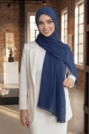 Instant Chiffon Shawl Headscarf for Women with Cotton Bonnet Chiffon Turban Cap, Ready-to-Wear Soft Chiffon Shawl Instant Hijab Wrap,PS-46 Dark Blue