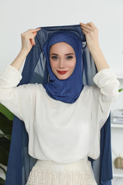 Instant Chiffon Shawl Headscarf for Women with Cotton Bonnet Chiffon Turban Cap, Ready-to-Wear Soft Chiffon Shawl Instant Hijab Wrap,PS-46 Dark Blue