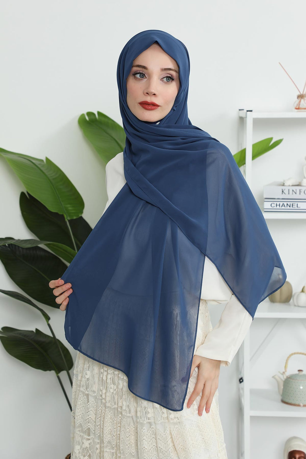 Instant Chiffon Shawl Headscarf for Women with Cotton Bonnet Chiffon Turban Cap, Ready-to-Wear Soft Chiffon Shawl Instant Hijab Wrap,PS-46 Dark Blue