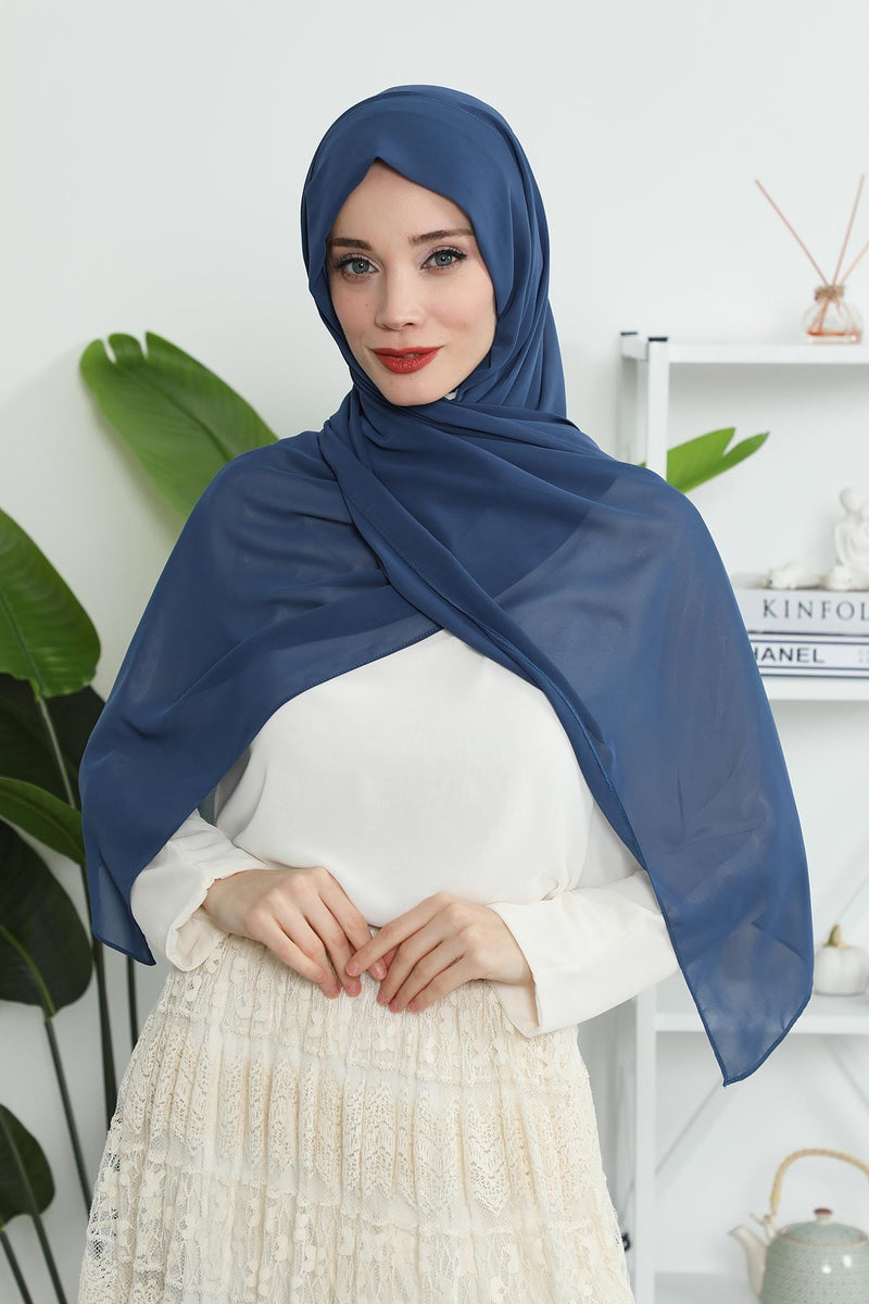 Instant Chiffon Shawl Headscarf for Women with Cotton Bonnet Chiffon Turban Cap, Ready-to-Wear Soft Chiffon Shawl Instant Hijab Wrap,PS-46 Dark Blue