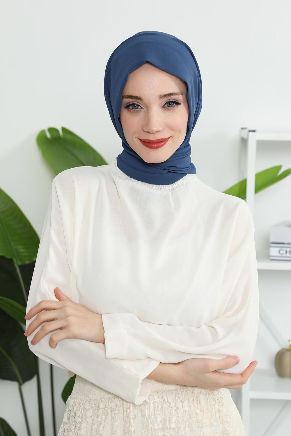 Instant Chiffon Shawl Headscarf for Women with Cotton Bonnet Chiffon Turban Cap, Ready-to-Wear Soft Chiffon Shawl Instant Hijab Wrap,PS-46 Dark Blue