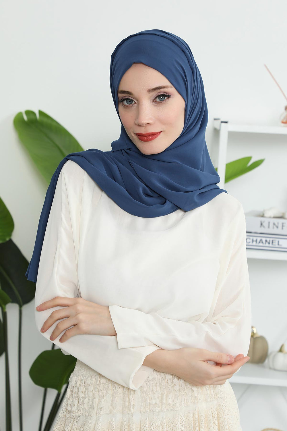 Instant Chiffon Shawl Headscarf for Women with Cotton Bonnet Chiffon Turban Cap, Ready-to-Wear Soft Chiffon Shawl Instant Hijab Wrap,PS-46 Dark Blue