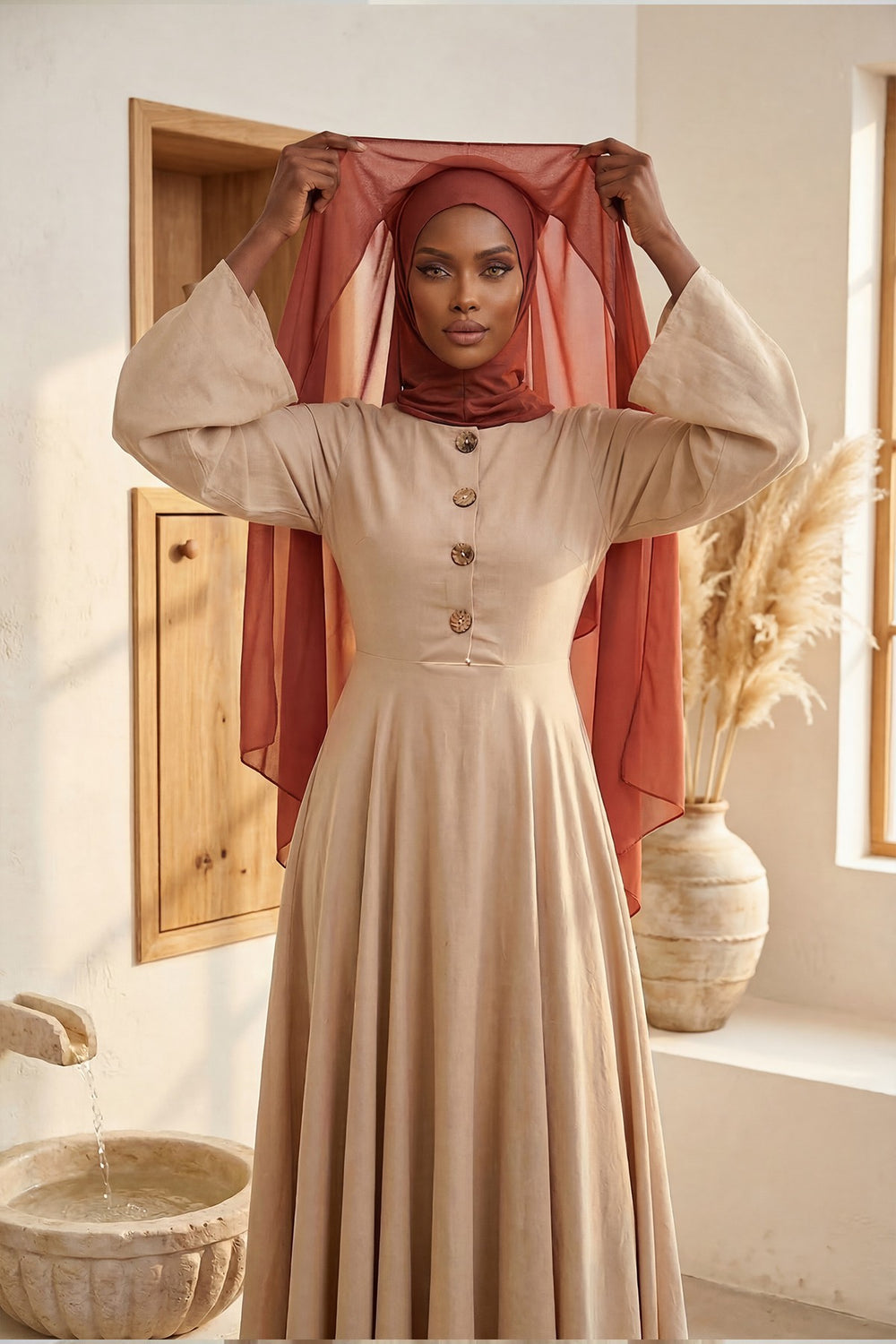 Instant Chiffon Shawl Headscarf for Women with Cotton Bonnet Chiffon Turban Cap, Ready-to-Wear Soft Chiffon Shawl Instant Hijab Wrap,PS-46 Cinnamon