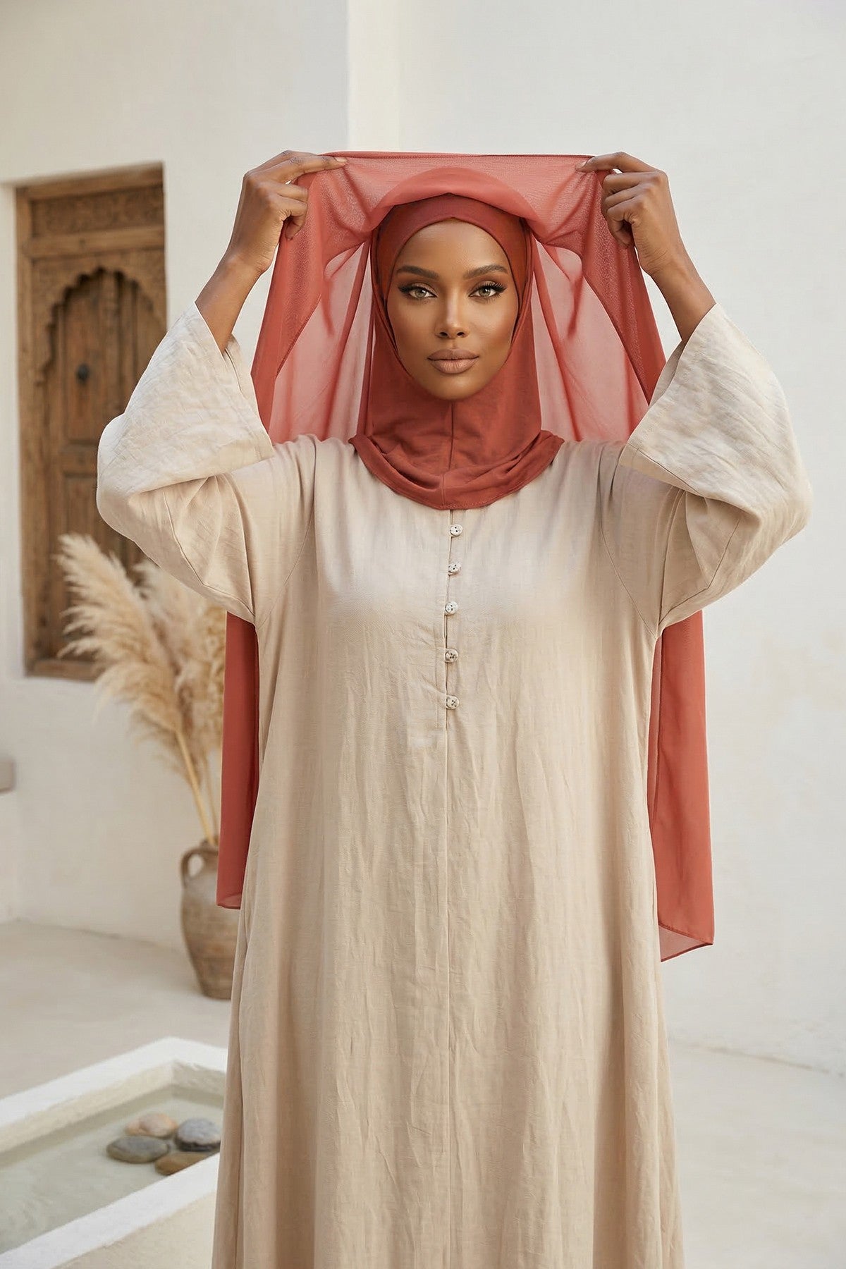 Instant Chiffon Shawl Headscarf for Women with Cotton Bonnet Chiffon Turban Cap, Ready-to-Wear Soft Chiffon Shawl Instant Hijab Wrap,PS-46 Cinnamon