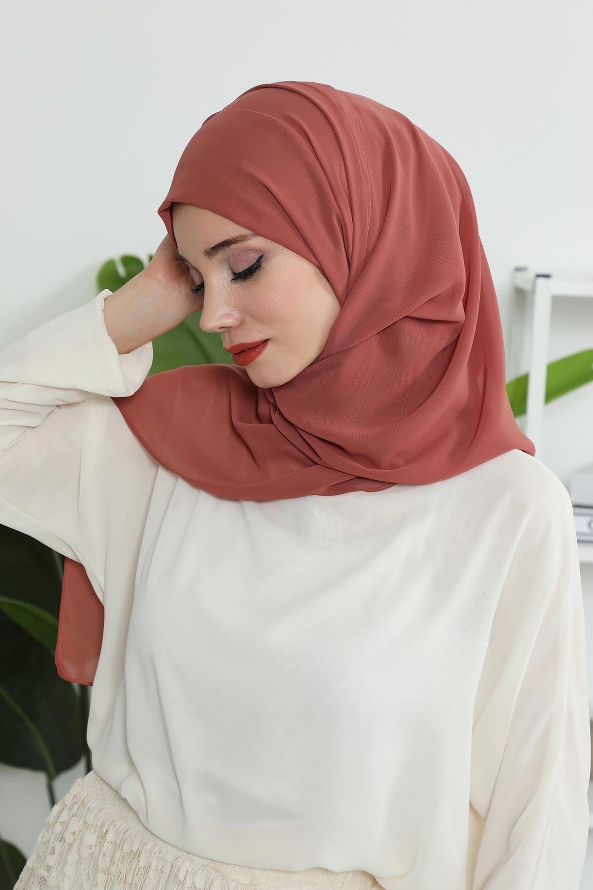 Instant Chiffon Shawl Headscarf for Women with Cotton Bonnet Chiffon Turban Cap, Ready-to-Wear Soft Chiffon Shawl Instant Hijab Wrap,PS-46 Cinnamon
