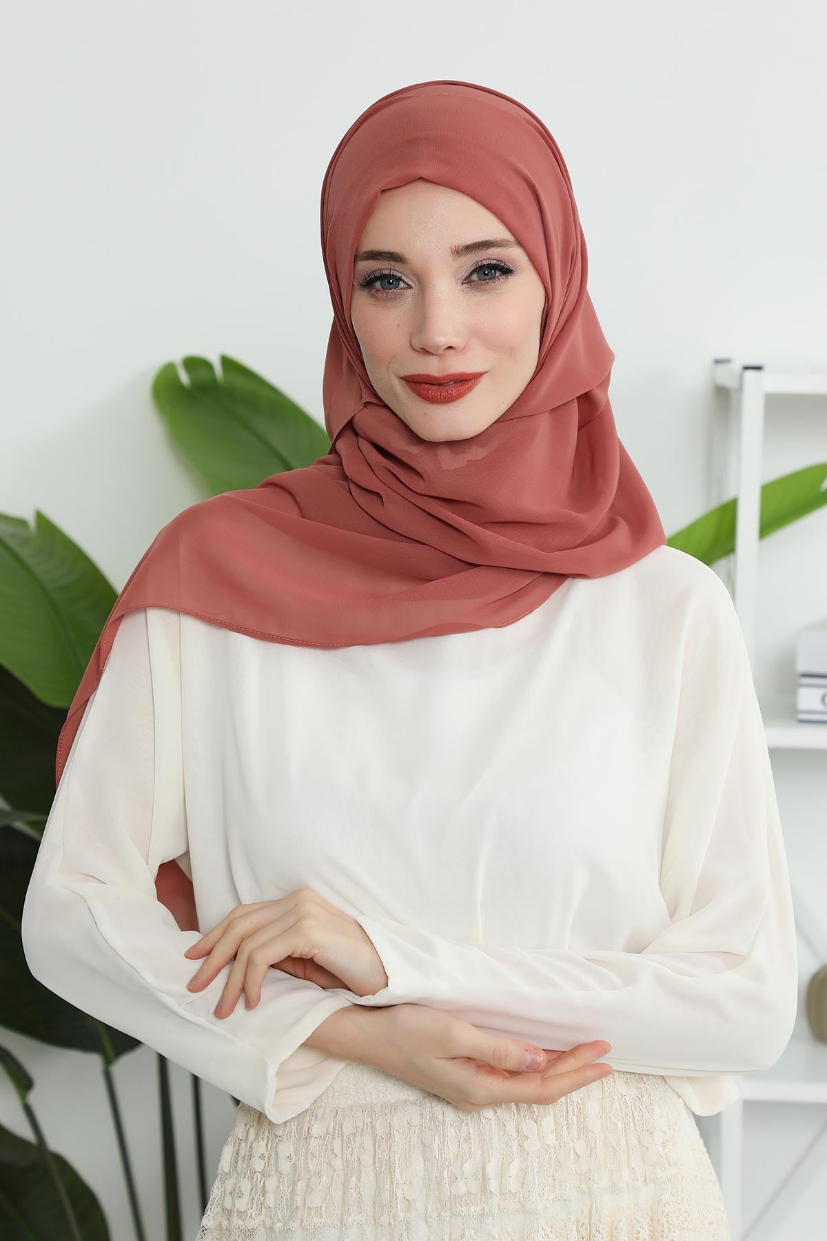 Instant Chiffon Shawl Headscarf for Women with Cotton Bonnet Chiffon Turban Cap, Ready-to-Wear Soft Chiffon Shawl Instant Hijab Wrap,PS-46 Cinnamon