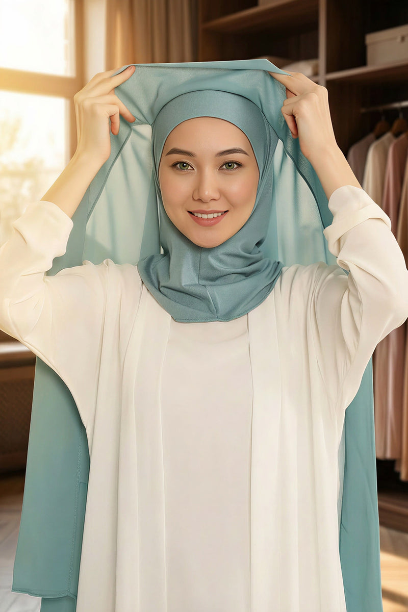 Instant Chiffon Shawl Headscarf for Women with Cotton Bonnet Chiffon Turban Cap, Ready-to-Wear Soft Chiffon Shawl Instant Hijab Wrap,PS-46 Almond Green