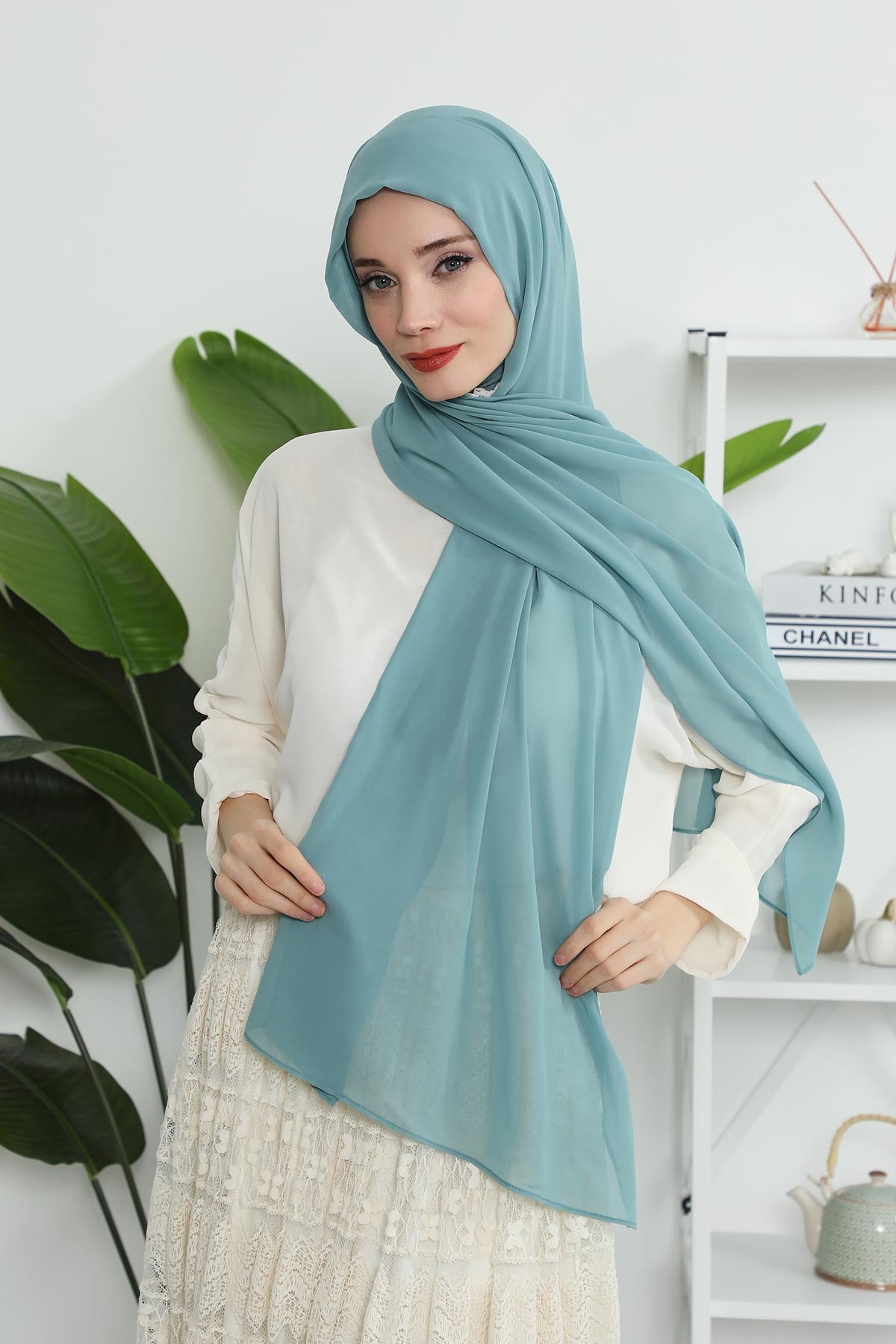 Instant Chiffon Shawl Headscarf for Women with Cotton Bonnet Chiffon Turban Cap, Ready-to-Wear Soft Chiffon Shawl Instant Hijab Wrap,PS-46 Almond Green