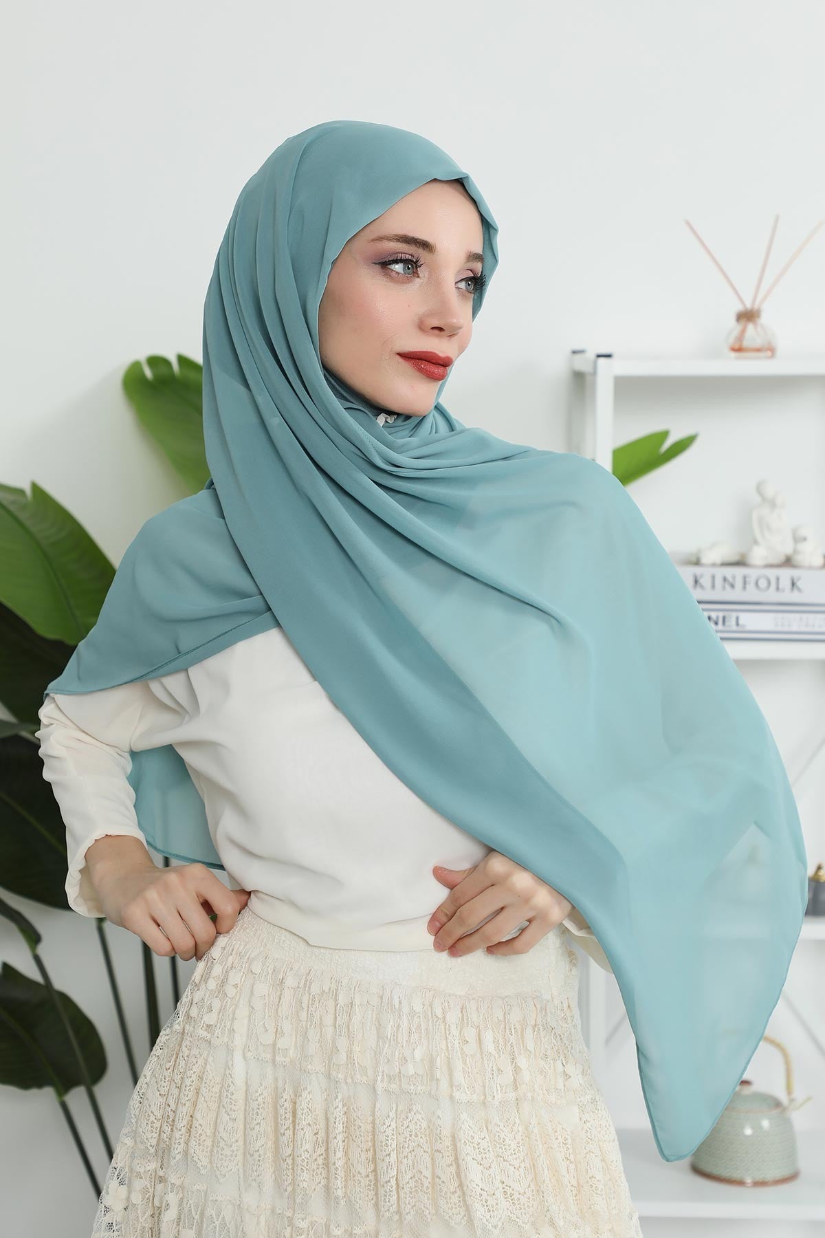 Instant Chiffon Shawl Headscarf for Women with Cotton Bonnet Chiffon Turban Cap, Ready-to-Wear Soft Chiffon Shawl Instant Hijab Wrap,PS-46 Almond Green