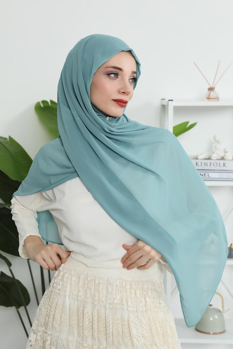 Instant Chiffon Shawl Headscarf for Women with Cotton Bonnet Chiffon Turban Cap, Ready-to-Wear Soft Chiffon Shawl Instant Hijab Wrap,PS-46 Almond Green