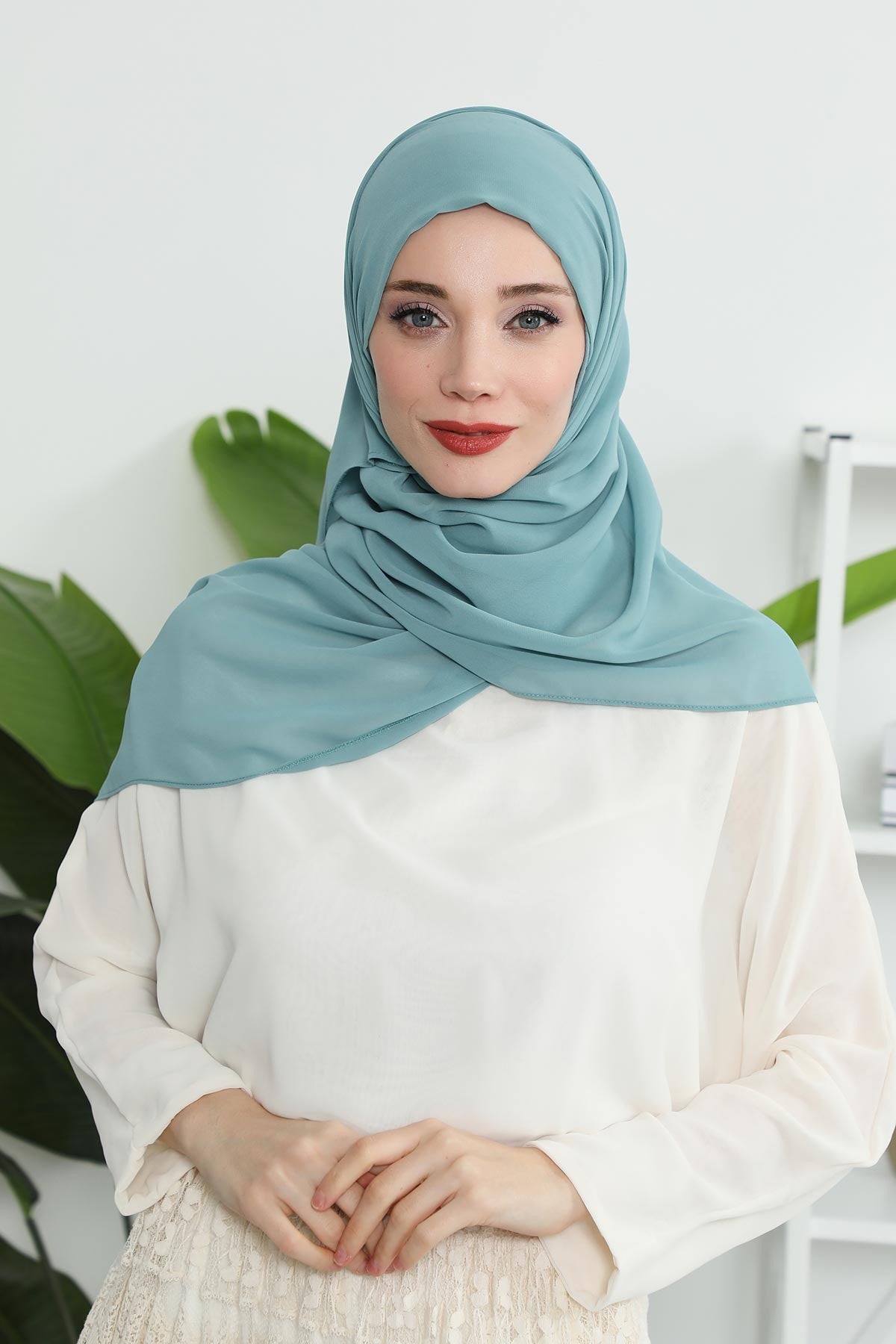Instant Chiffon Shawl Headscarf for Women with Cotton Bonnet Chiffon Turban Cap, Ready-to-Wear Soft Chiffon Shawl Instant Hijab Wrap,PS-46 Almond Green