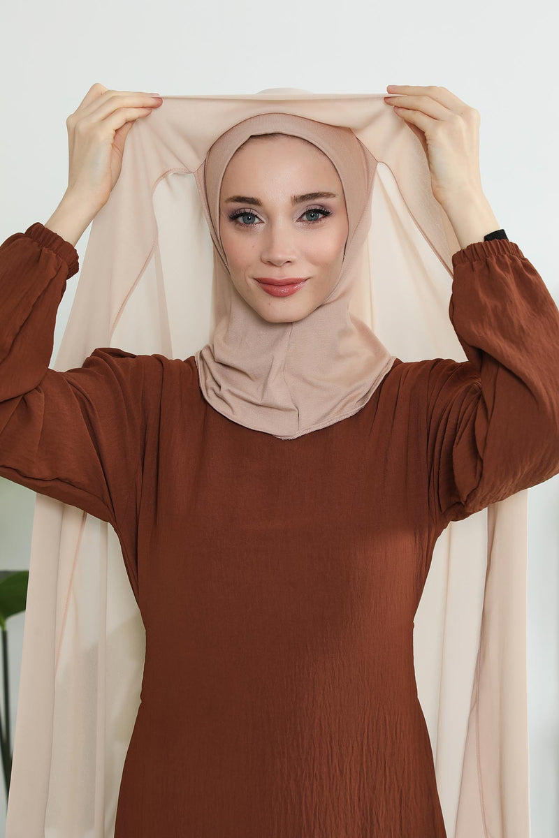 Instant Chiffon Shawl Headscarf for Women with Cotton Bonnet Chiffon Turban Cap, Ready-to-Wear Soft Chiffon Shawl Instant Hijab Wrap,PS-46 Light Mink