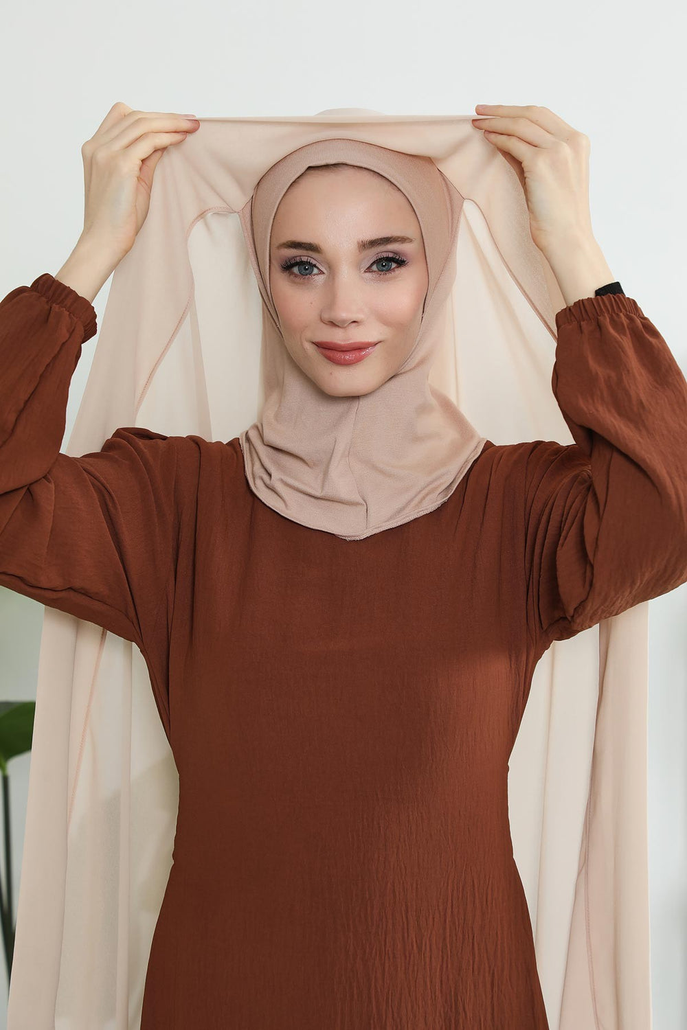 Instant Chiffon Shawl Headscarf for Women with Cotton Bonnet Chiffon Turban Cap, Ready-to-Wear Soft Chiffon Shawl Instant Hijab Wrap,PS-46 Light Mink