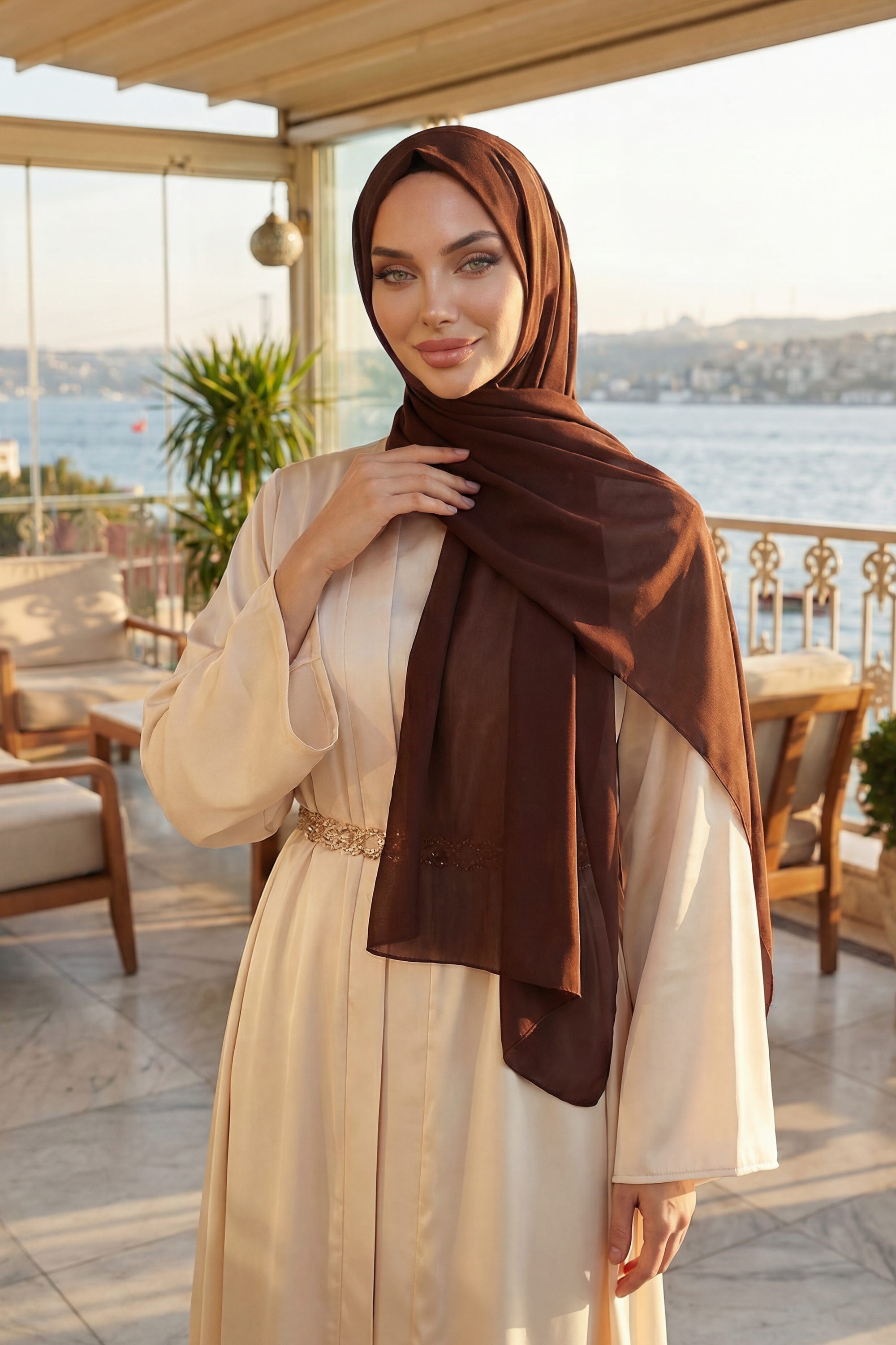 Instant Chiffon Shawl Headscarf for Women with Cotton Bonnet Chiffon Turban Cap, Ready-to-Wear Soft Chiffon Shawl Instant Hijab Wrap,PS-46 Brown
