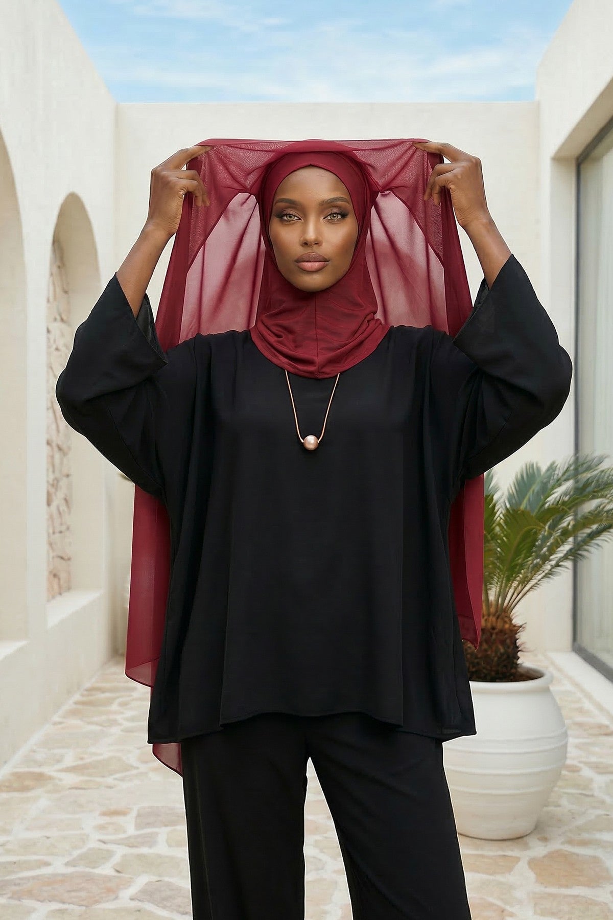 Instant Chiffon Shawl Headscarf for Women with Cotton Bonnet Chiffon Turban Cap, Ready-to-Wear Soft Chiffon Shawl Instant Hijab Wrap,PS-46 Maroon