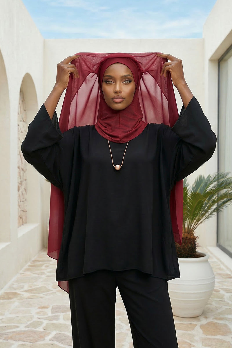 Instant Chiffon Shawl Headscarf for Women with Cotton Bonnet Chiffon Turban Cap, Ready-to-Wear Soft Chiffon Shawl Instant Hijab Wrap,PS-46 Maroon