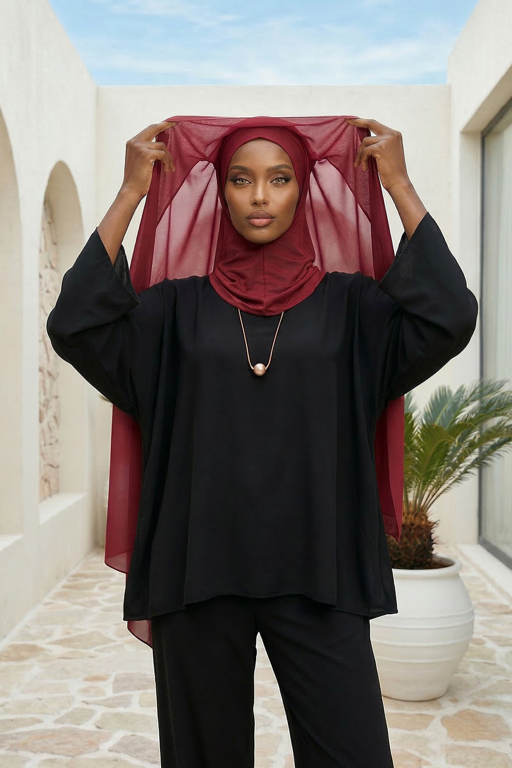 Instant Chiffon Shawl Headscarf for Women with Cotton Bonnet Chiffon Turban Cap, Ready-to-Wear Soft Chiffon Shawl Instant Hijab Wrap,PS-46 Maroon