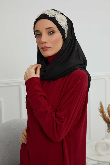 Luxury Instant Chiffon Hijab with Floral Lace, Ready-to-Wear Chiffon Hijab with Embroidered Flowers,CPS-101
