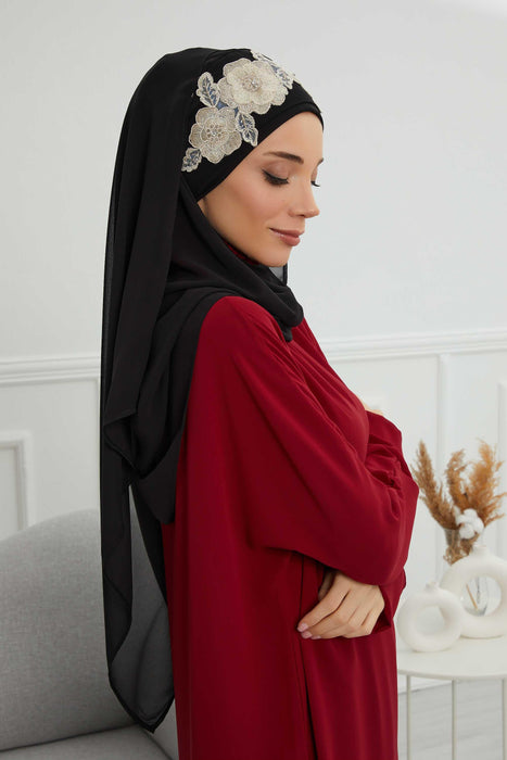 Luxury Instant Chiffon Hijab with Floral Lace, Ready-to-Wear Chiffon Hijab with Embroidered Flowers,CPS-101