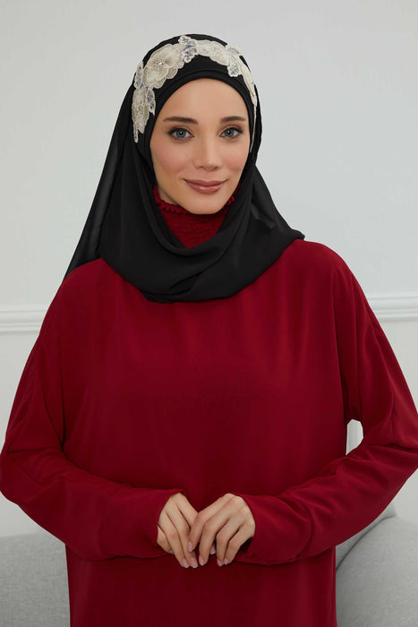 Luxury Instant Chiffon Hijab with Floral Lace, Ready-to-Wear Chiffon Hijab with Embroidered Flowers,CPS-101