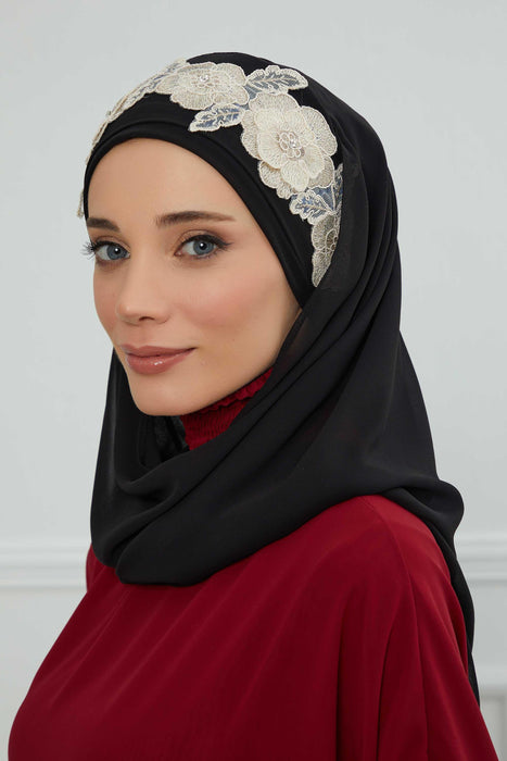 Luxury Instant Chiffon Hijab with Floral Lace, Ready-to-Wear Chiffon Hijab with Embroidered Flowers,CPS-101