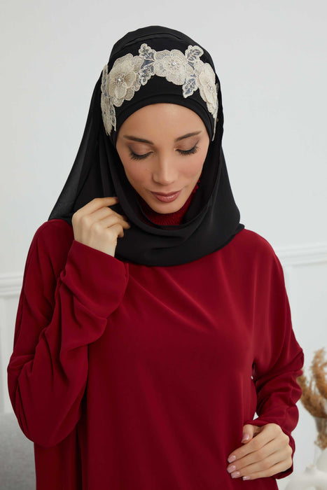 Luxury Instant Chiffon Hijab with Floral Lace, Ready-to-Wear Chiffon Hijab with Embroidered Flowers,CPS-101
