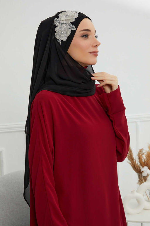 Luxury Instant Chiffon Hijab with Floral Lace, Ready-to-Wear Chiffon Hijab with Embroidered Flowers,CPS-101 Black-Silver