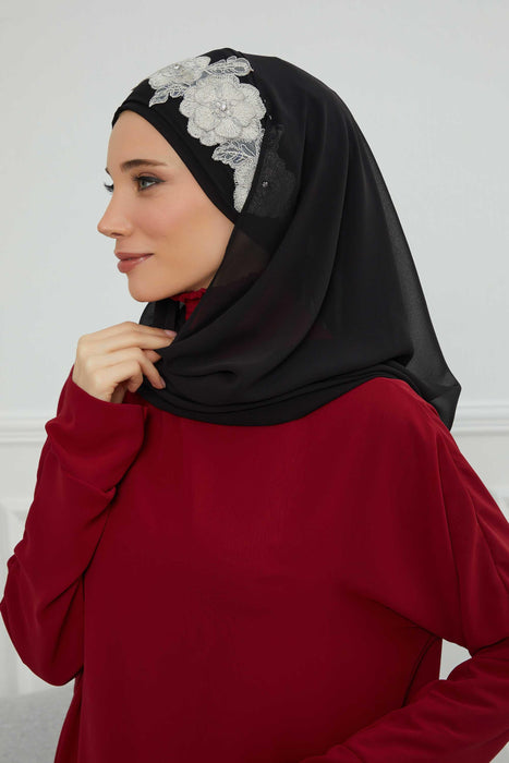 Luxury Instant Chiffon Hijab with Floral Lace, Ready-to-Wear Chiffon Hijab with Embroidered Flowers,CPS-101