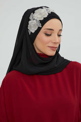 Luxury Instant Chiffon Hijab with Floral Lace, Ready-to-Wear Chiffon Hijab with Embroidered Flowers,CPS-101 Black-Silver