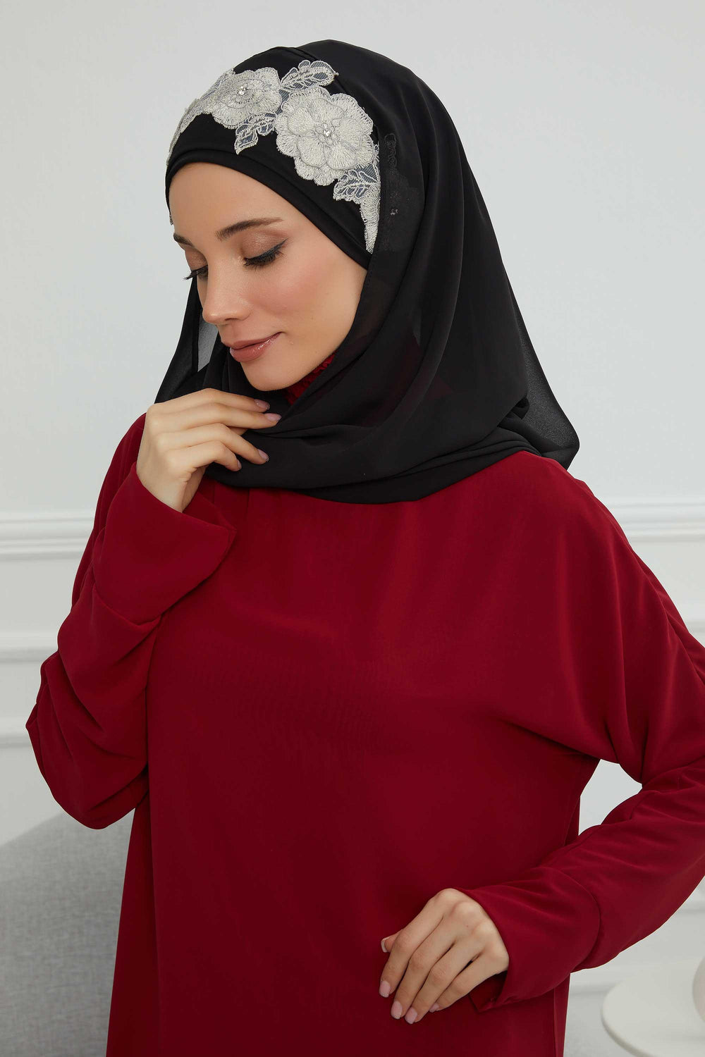 Luxury Instant Chiffon Hijab with Floral Lace, Ready-to-Wear Chiffon Hijab with Embroidered Flowers,CPS-101 Black-Silver