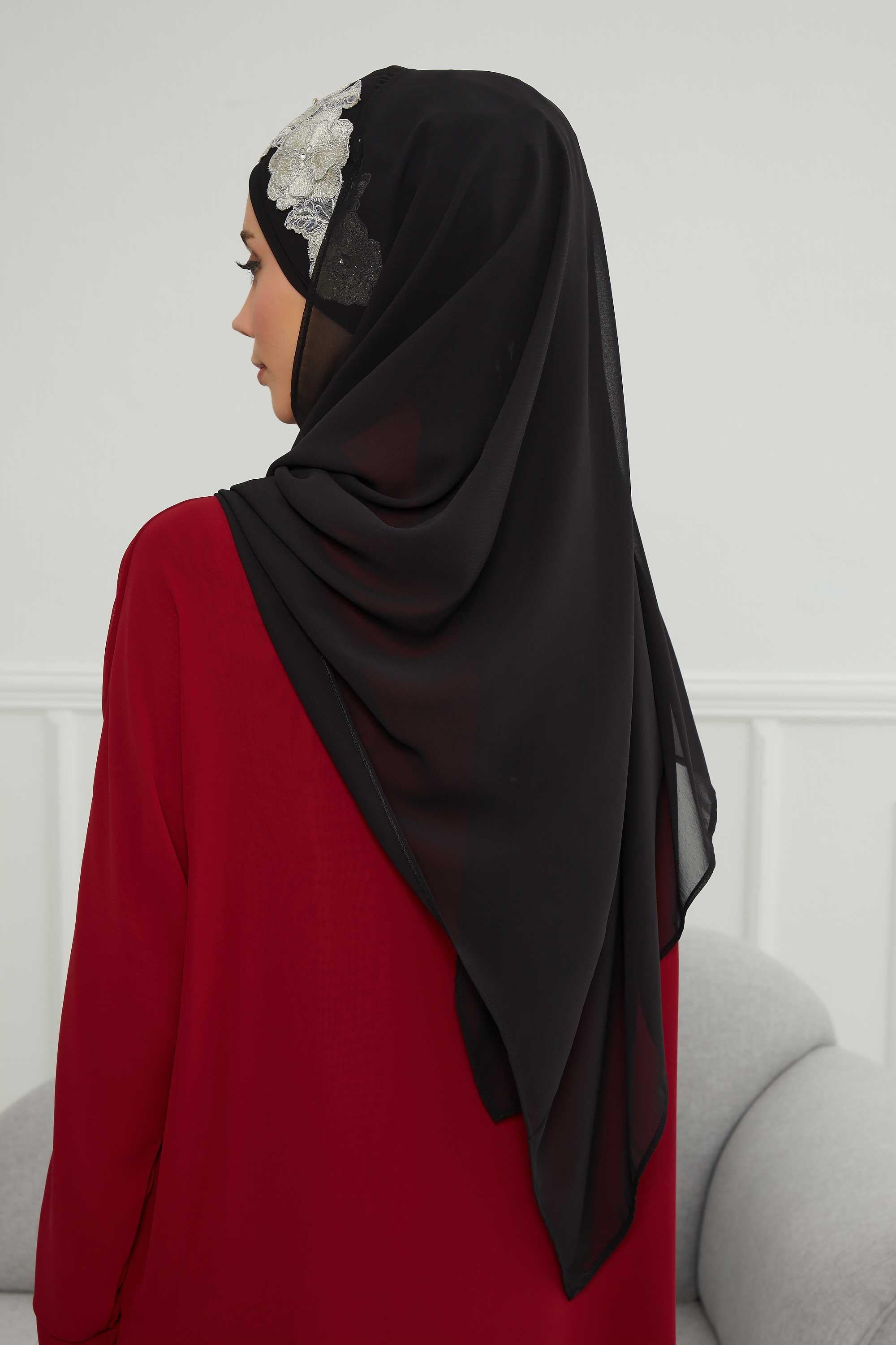 Luxury Instant Chiffon Hijab with Floral Lace, Ready-to-Wear Chiffon Hijab with Embroidered Flowers,CPS-101 Black-Silver