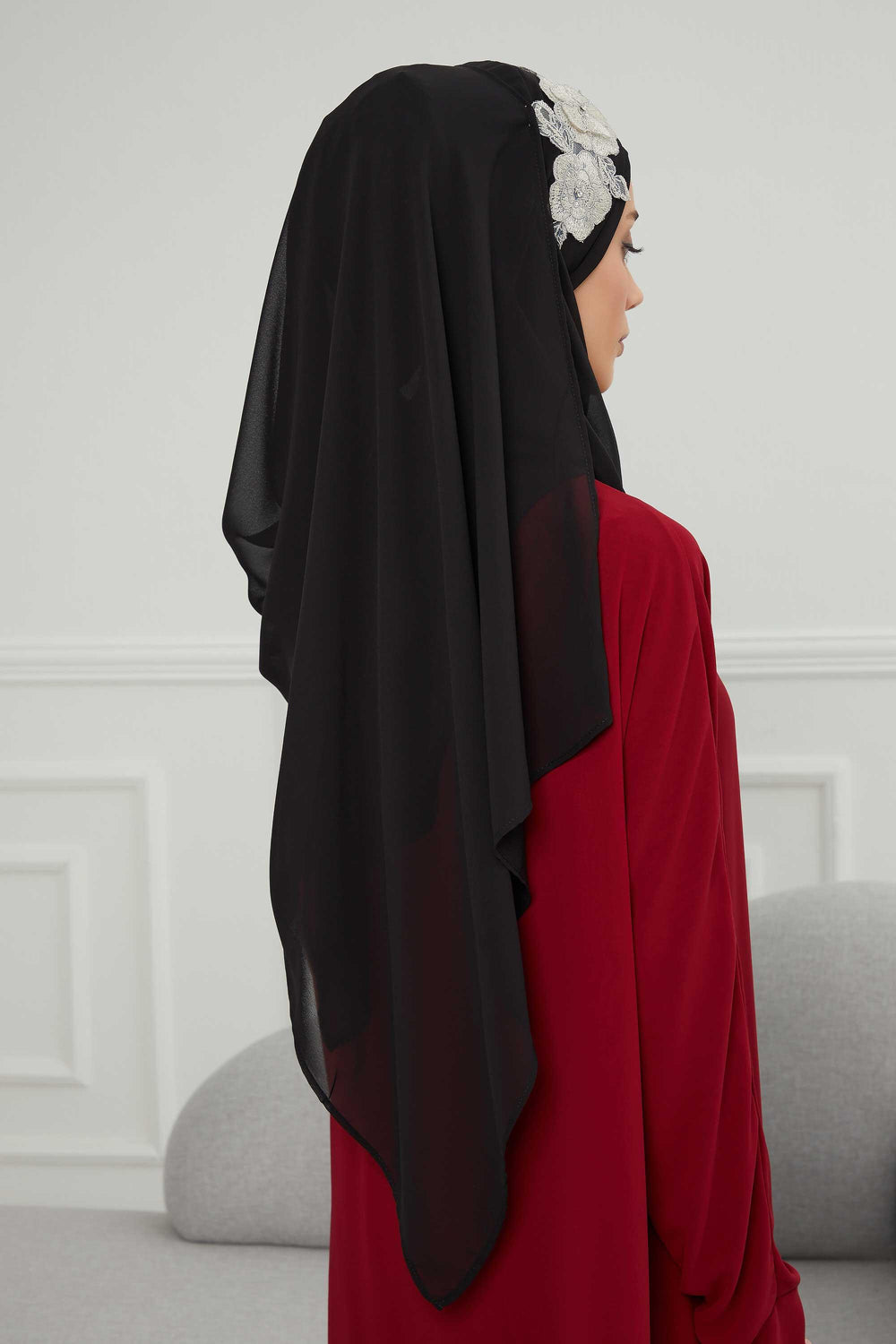 Luxury Instant Chiffon Hijab with Floral Lace, Ready-to-Wear Chiffon Hijab with Embroidered Flowers,CPS-101 Black-Silver